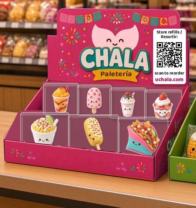 ÚCHALA Paletería counter display box filled with squishies, concept art