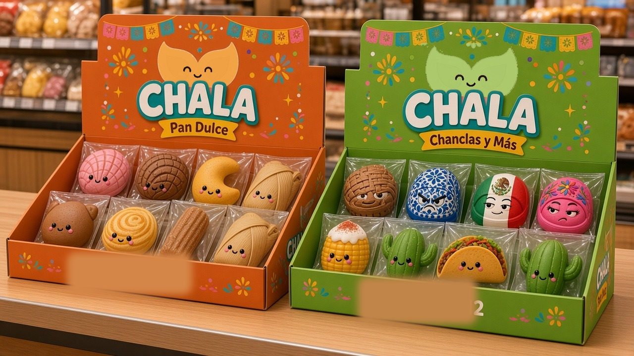 ÚCHALA Pan Dulce and Chanclas y Más counter display boxes filled with squishies, concept art