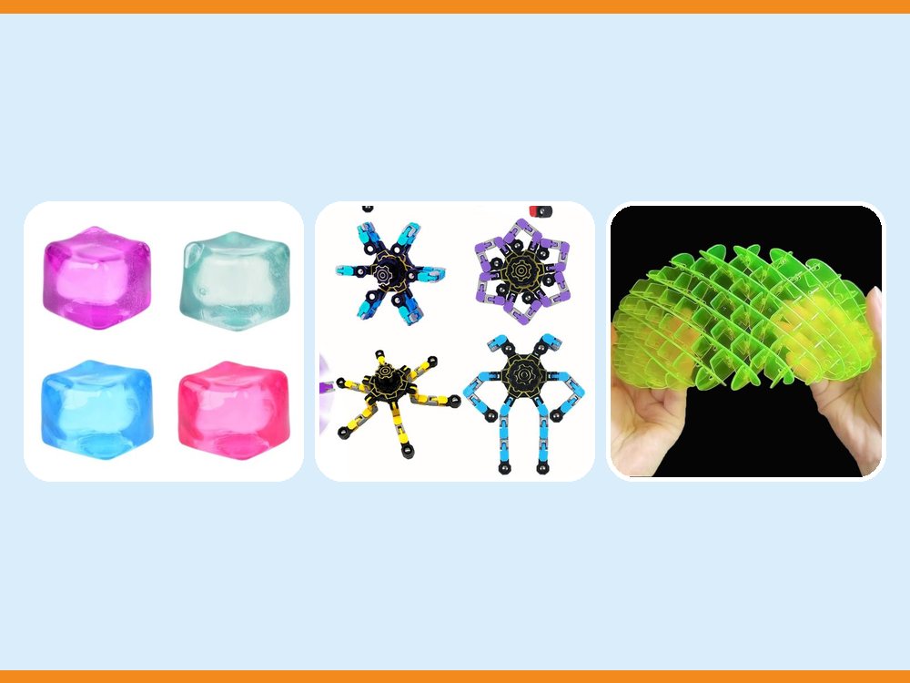 Boys Mini pieces: clear squeeze cube, chain spinner and fidget worm