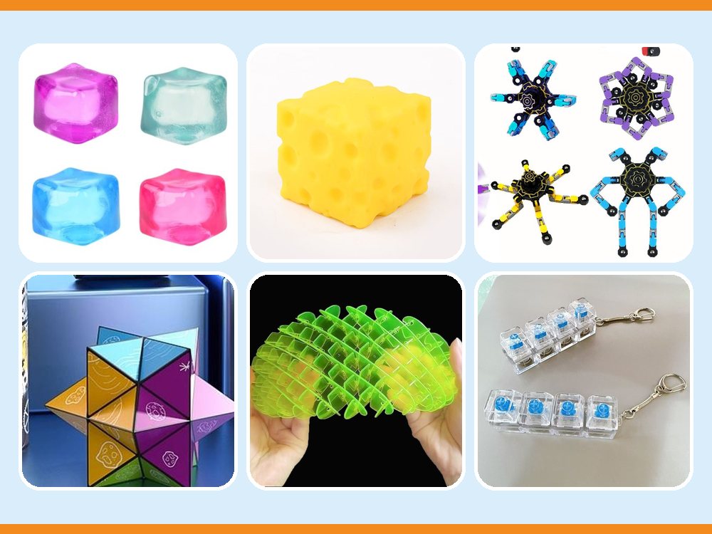Boys Box piece photos: clear squeeze cube, cheese squishy, chain spinner, infinity cube, mesh fidget worm and clear blue keycap clicker