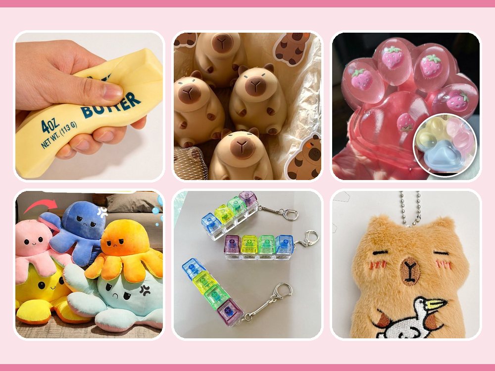 Girls Box piece photos: strawberry butter squishy, capybara squishy, cat paw squishy (big or small), flip octopus, rainbow keycap clicker and capybara charm