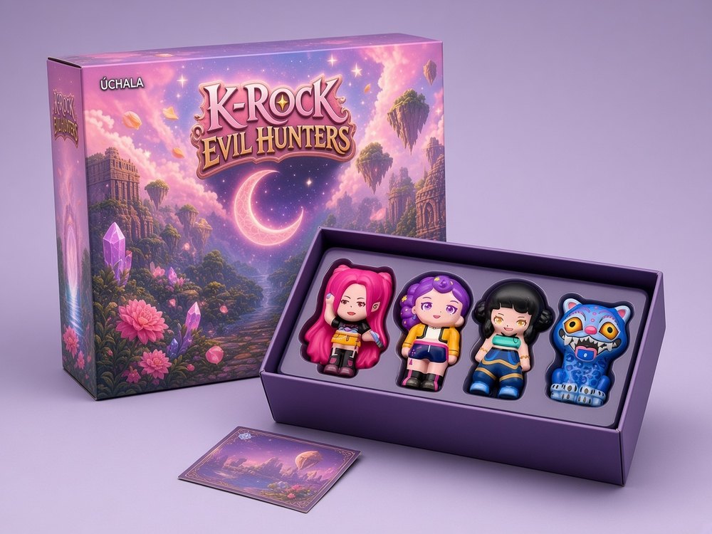 K-ROCK 4-pack box open: pink-haired girl, purple-haired girl, black-bun girl and the blue tiger, plus the story card