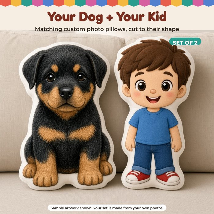 Dog + kid matching photo pillows, concept art