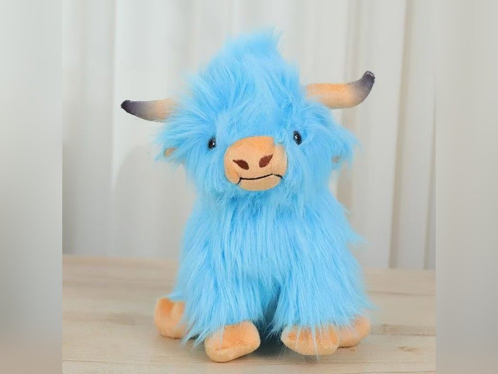 Blue Highland cow plush, about 11 in