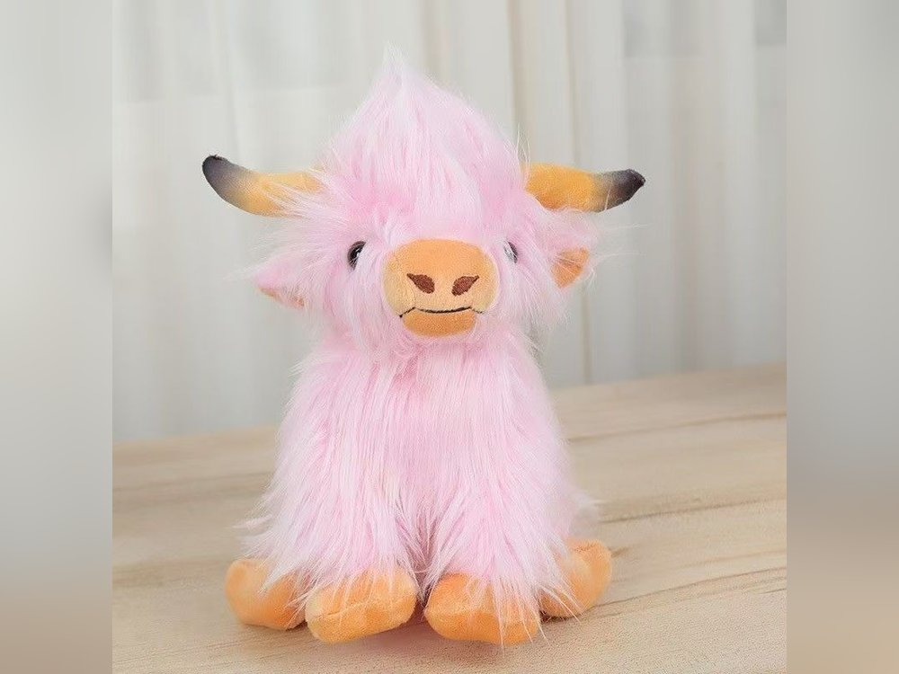 Pink Highland cow plush, about 11 in