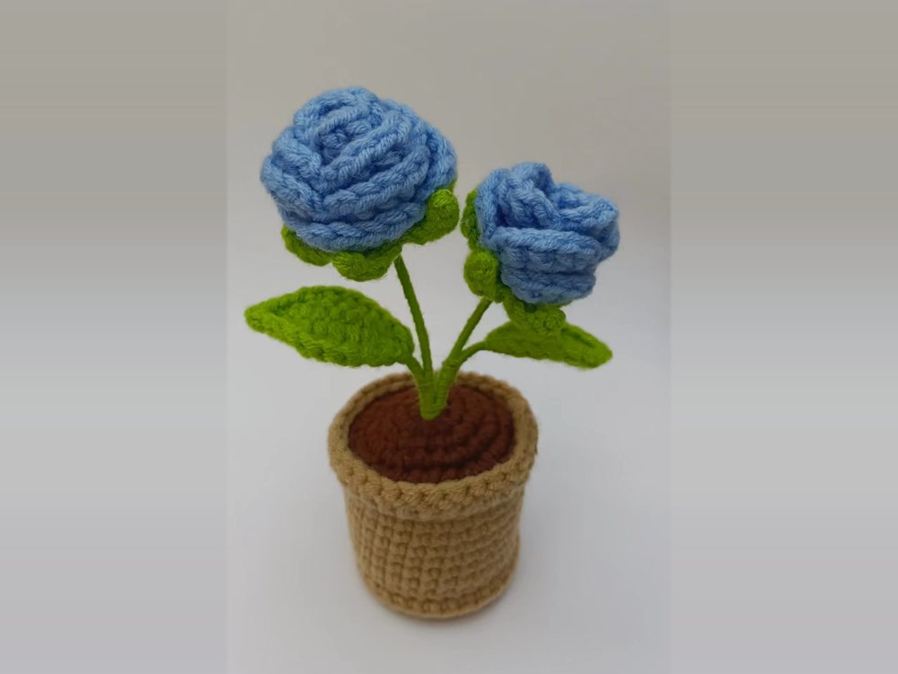 Finished crochet blue roses in a pot from the beginner kit